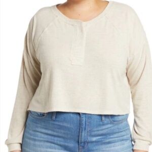 BP Nordstrom Womens Crop Henley Beige XL Oatmeal Heather Sweater